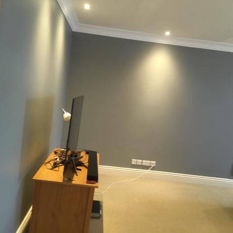 A living room wall professionally painted in a modern grey matte finish. The image showcases clean cutting-in along the white decorative coving and skirting boards, completed by a decorator serving Canary Wharf, Islington, and Covent Garden.